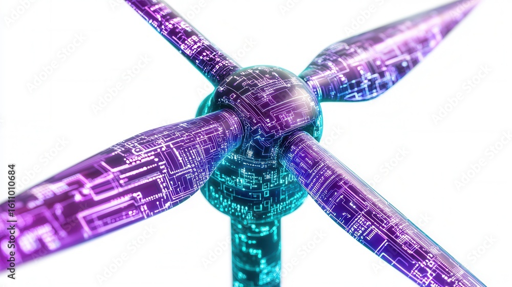 Poster nature conservation concept. futuristic wind turbine with digital circuit patterns.