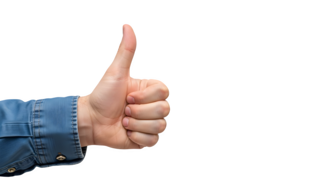 A hand giving a thumbs up wearing a blue denim shirt sleeve    .ai generative, transparent background, white background. isolated on white background