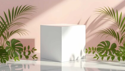 High-quality product rendering with cube box setup, green palm leaf, and shiny marble floor composition