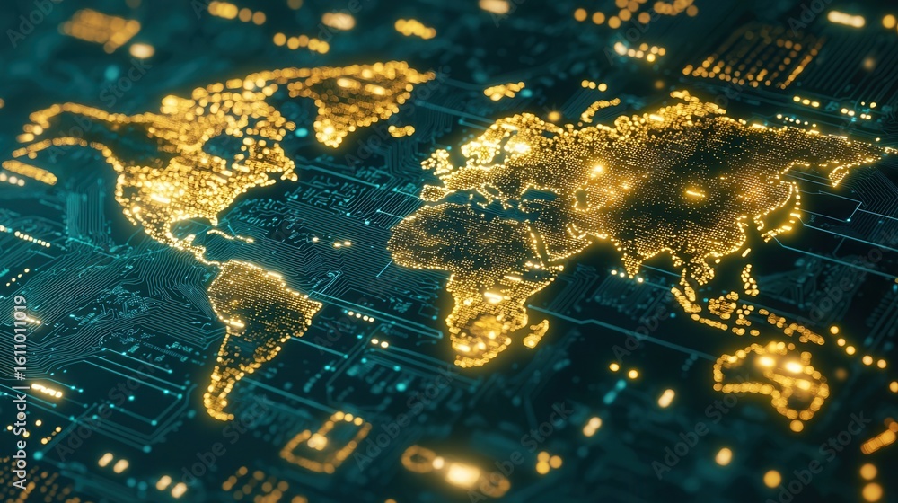 Poster nature conservation concept. illuminated world map on a circuit board background.