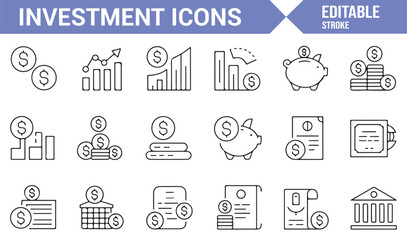Icon Set of Financial Symbols Representing Investment, Stocks, and Money