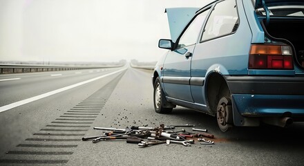 Blue car with a removed tire and scattered tools on a highway, roadside assistance and vehicle recovery service concept.