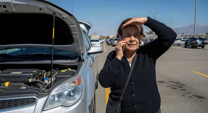 An elderly woman talking on her cell phone next to a broken down car with its hood open, calling for roadside assistance.