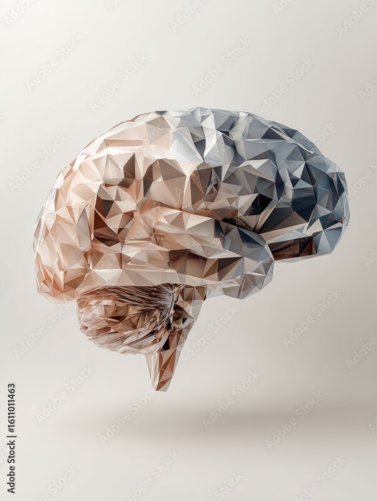 Poster geometric low-poly representation of a human brain on neutral background showcasing innovative desig