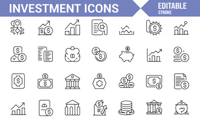 Investment and Finance Icons Set with Bank, Currency, and Savings