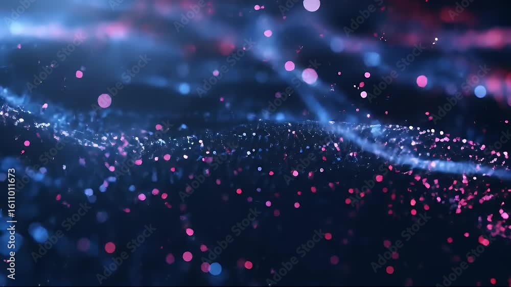 Poster abstract blue and red particle wave background with dynamic motion and glowing effects