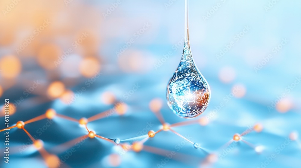 Poster nature conservation concept. droplet with intricate design on a blue background with glowing element