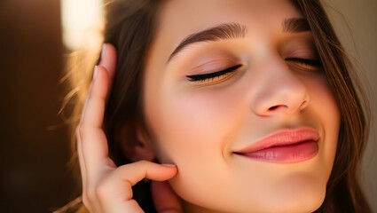 Close-up of warm sunlight shining down on a woman with her eyes closed, her hand gently resting on the side of her face, her skin a smooth radiant tone, with a subtle smile on her lips, her face