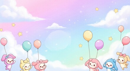 Adorable cartoon characters holding balloons floating in a pastel-colored sky with fluffy clouds and stars.
