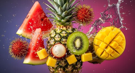 Tropical fruit explosion with water splashes pineapple