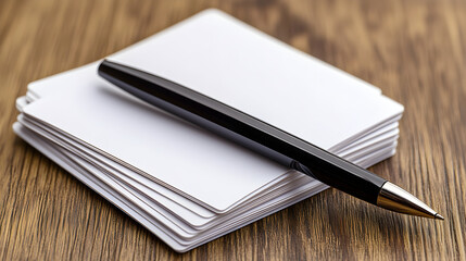 A black pen resting on a stack of blank white note papers on a wooden surface.
