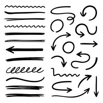 collection of black vector arrows and underline lines in hand drawn scribble style including curves, swirls and sketchy strokes, perfect for planners, infographics, journaling