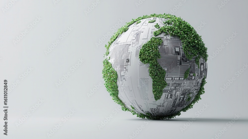Poster nature conservation concept. abstract globe made of circuit patterns and greenery.