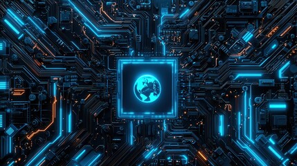 Fototapeta premium nature conservation concept. Futuristic circuit design with a globe at the center.