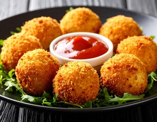 Golden Arancini Balls with Ketchup on Black Plate, Arugula Bed, Appetizing Italian Cuisine