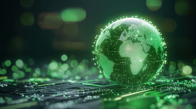 nature conservation concept. Digital globe with green lights on a circuit board background.