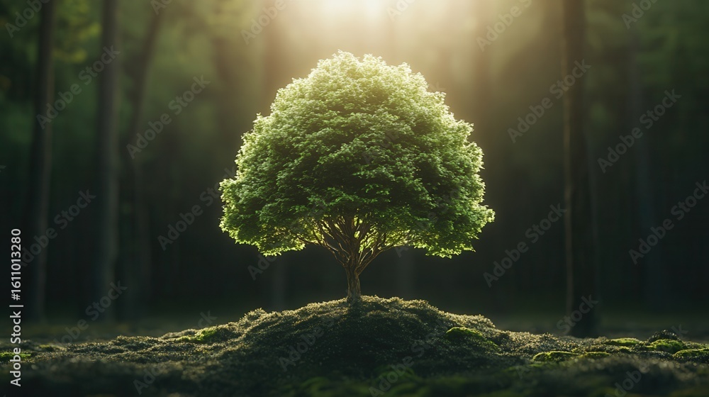 Poster nature conservation concept. illuminated tree in serene forest setting with soft light.