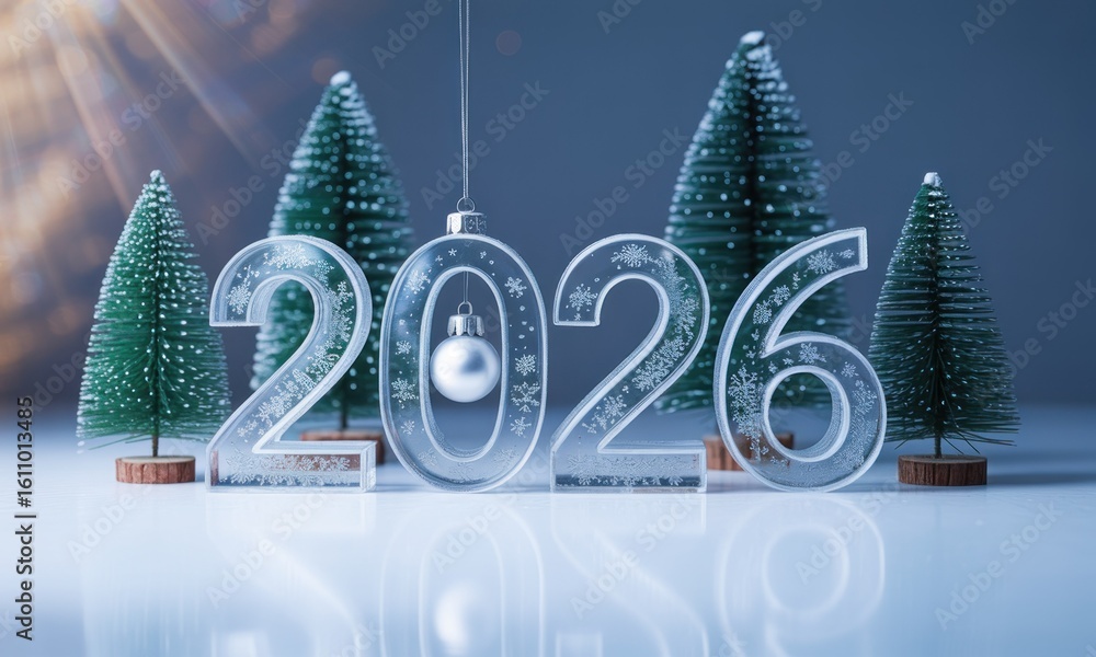 Aufkleber year 2026 display with miniature trees and snowflake decor on a reflective surface