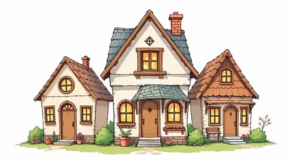 Cartoon style art of 3 different houses on white background, showcasing ancient architecture