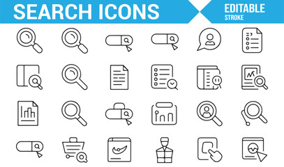 Business and Data Search Icons Featuring Documents, Files, and Magnifiers