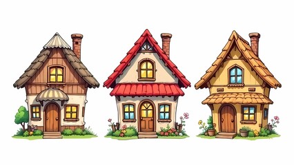 Cartoon style art of 3 different houses on white background, showcasing ancient architecture and traditional charm in an old city