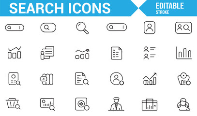 Search Icons Set Featuring Magnifying Glass, Documents, and File Search Symbols