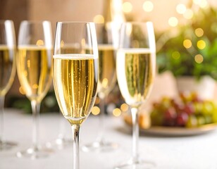 Sparkling Champagne Flutes: Elegant Celebration with Golden Bubbles and Festive Bokeh Background