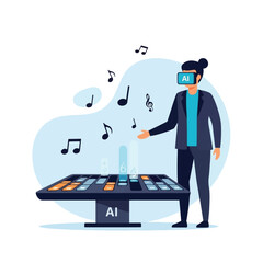 A person wearing VR glasses interacts with a digital music interface, creating musical notes.