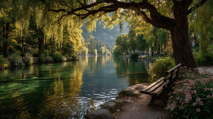 Tranquil Park Scene: Idyllic Waterscape with Weeping Willows. This image is ideal for themes of nature, relaxation, parks, walking trails, mindfulness, beautiful landscapes, and outdoor leisure.