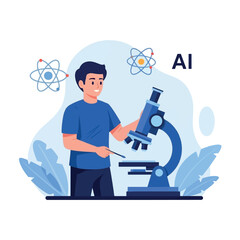Illustration of a man using a microscope with atoms floating around, representing science and AI.