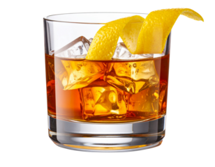 Godfather Cocktail in Old Fashioned Glass with Lemon Twist, Transparent PNG