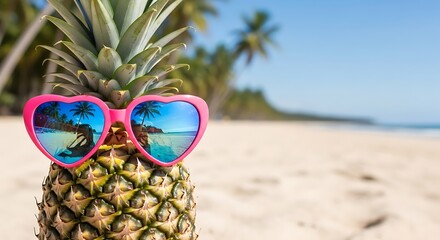 Pineapple wearing heart sunglasses on beach tropical
