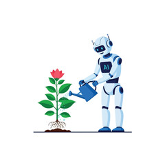 A robot waters a blooming flower with a watering can, symbolizing growth and artificial intelligence.