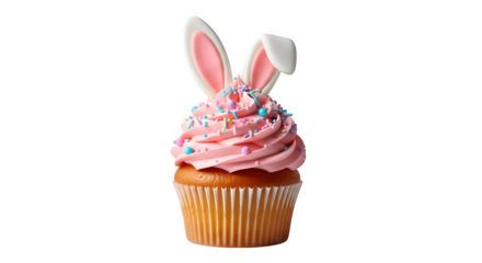 Isolated cupcake with pink frosting and bunny ears on black    .ai generative, transparent background, white background. isolated on white background