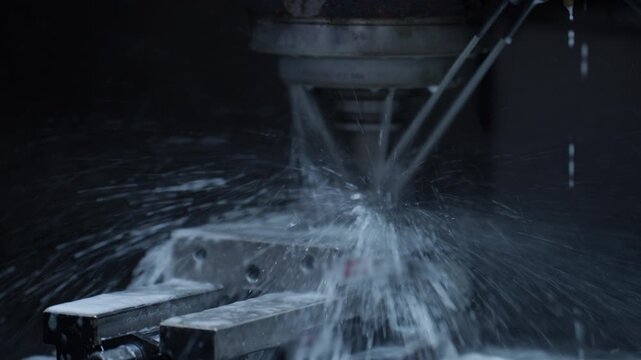 High-speed CNC milling machine in operation with coolant spraying over metal part in dark industrial environment. Concept of precision engineering, automated machining, and modern manufacturing
