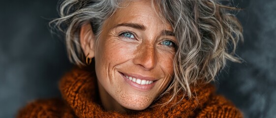 Joyful elderly woman with a radiant smile in close-up view