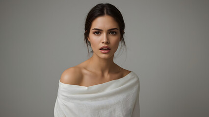 Woman with delicate facial features and smooth skin tone expressing intense emotion while posing with a flowing white fabric draped elegantly around her body in a minimalist studio setting with a soft