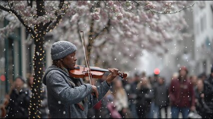 Serenade Under Blossoms: A street musician, enraptured in his music, serenades a crowd with his violin, set against the backdrop of a blooming tree in the heart of a bustling urban street.
