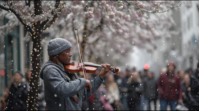 Serenade Under Blossoms: A street musician, enraptured in his music, serenades a crowd with his violin, set against the backdrop of a blooming tree in the heart of a bustling urban street.