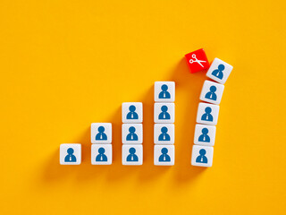 Growing business chart losing staff showing corporate downsizing on yellow background