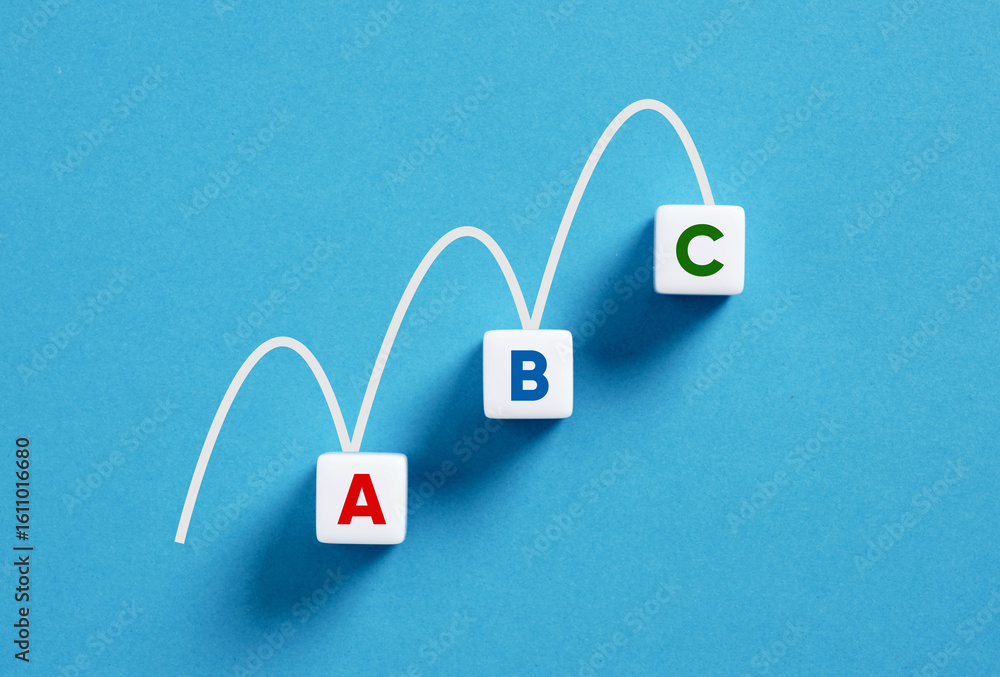Poster white line is connecting three cubes forming increasing chart on blue background