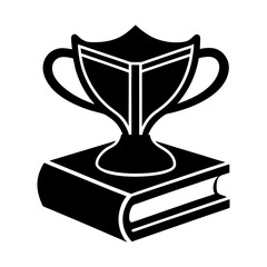 Illustration of a trophy sitting on top of a closed book in black and white
