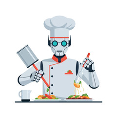 A robotic chef prepares and plates delicious meals, showcasing technological advancements in culinary arts.