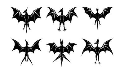 Collection of six black pterodactyl silhouettes in various positions © SM