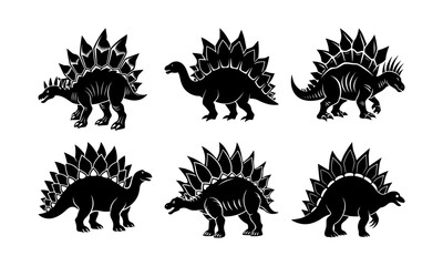 Silhouette illustration of six stegosaurus dinosaurs in different poses © SM
