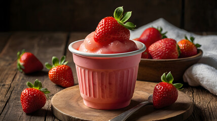 Strawberry sorbet in paper cup with jam topping on rustic wooden table
