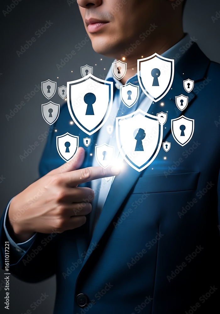 Poster man pointing at digital security shields suit keyhole