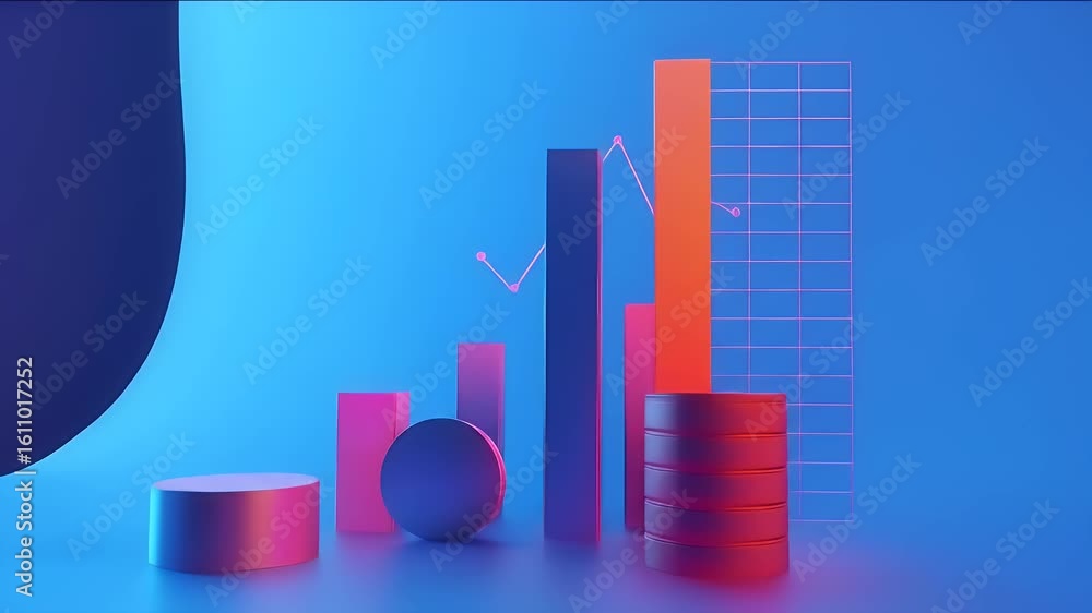 Poster abstract 3d bar graph with upward trend on blue background data visualization