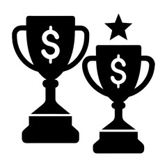 Two black trophies with dollar signs and one trophy has a star above