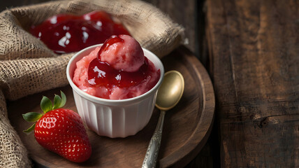 Strawberry sorbet in paper cup with jam topping on rustic wooden table
